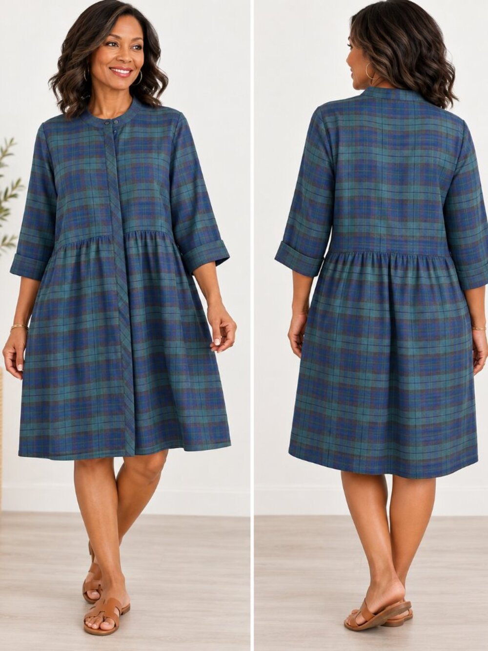 Tuckernuck Blue Green Plaid Drop Waist Shirt Dress Preppy Classic Cottagecore M